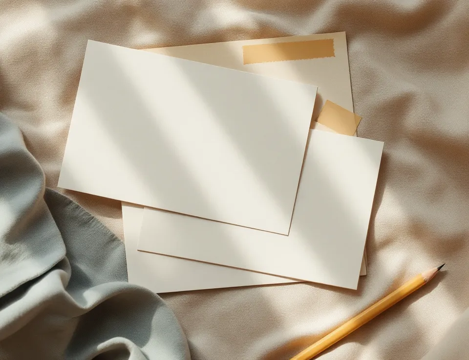 Blank note cards, a pencil and kraft-paper tabs on a linen desk.