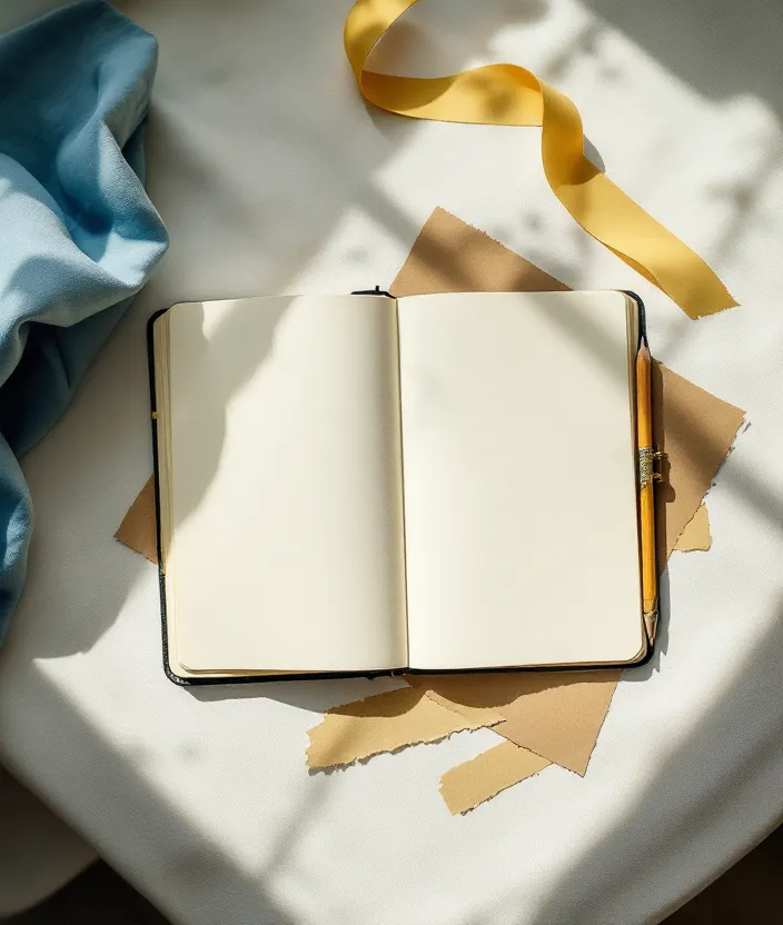 A blank open notebook beside a pencil and torn paper tabs, lit by a window.